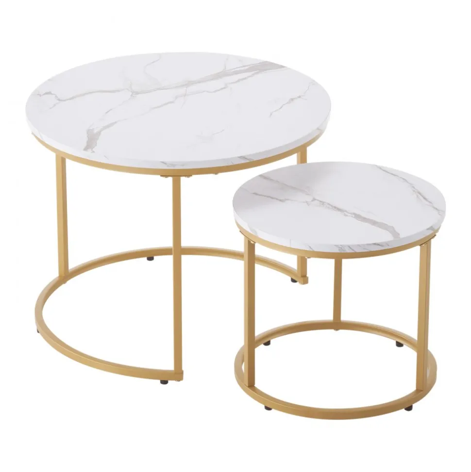 VEVOR Nesting Coffee Table Set of 2, 23.6 in Round Coffee Table, Nesting Tables for Small Place, Vintage End Side Tables Night Stand with Metal Frame, for Living Room, Bedroom, Office (White & Gold)