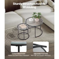 VEVOR Nesting Coffee Table Set of 2, 23.6 in Round Coffee Table, Glass Nesting Tables for Small Place, Modern End Side Tables Night Stand with Metal Frame, for Living Room, Bedroom, Balcony, Office