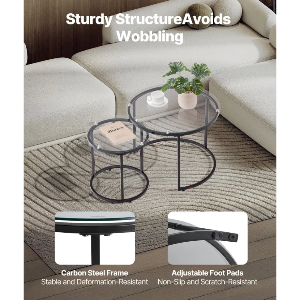 VEVOR Nesting Coffee Table Set of 2, 23.6 in Round Coffee Table, Glass Nesting Tables for Small Place, Modern End Side Tables Night Stand with Metal Frame, for Living Room, Bedroom, Balcony, Office