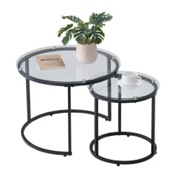 VEVOR Nesting Coffee Table Set of 2, 23.6 in Round Coffee Table, Glass Nesting Tables for Small Place, Modern End Side Tables Night Stand with Metal Frame, for Living Room, Bedroom, Balcony, Office