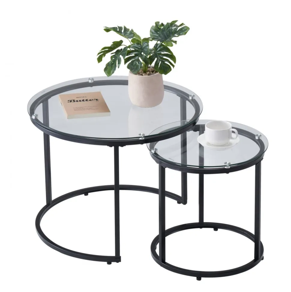 VEVOR Nesting Coffee Table Set of 2, 23.6 in Round Coffee Table, Glass Nesting Tables for Small Place, Modern End Side Tables Night Stand with Metal Frame, for Living Room, Bedroom, Balcony, Office