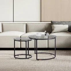 VEVOR Nesting Coffee Table Set of 2, 23.6 in Round Coffee Table, Glass Nesting Tables for Small Place, Modern End Side Tables Night Stand with Metal Frame, for Living Room, Bedroom, Balcony, Office
