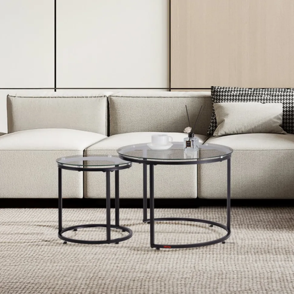 VEVOR Nesting Coffee Table Set of 2, 23.6 in Round Coffee Table, Glass Nesting Tables for Small Place, Modern End Side Tables Night Stand with Metal Frame, for Living Room, Bedroom, Balcony, Office