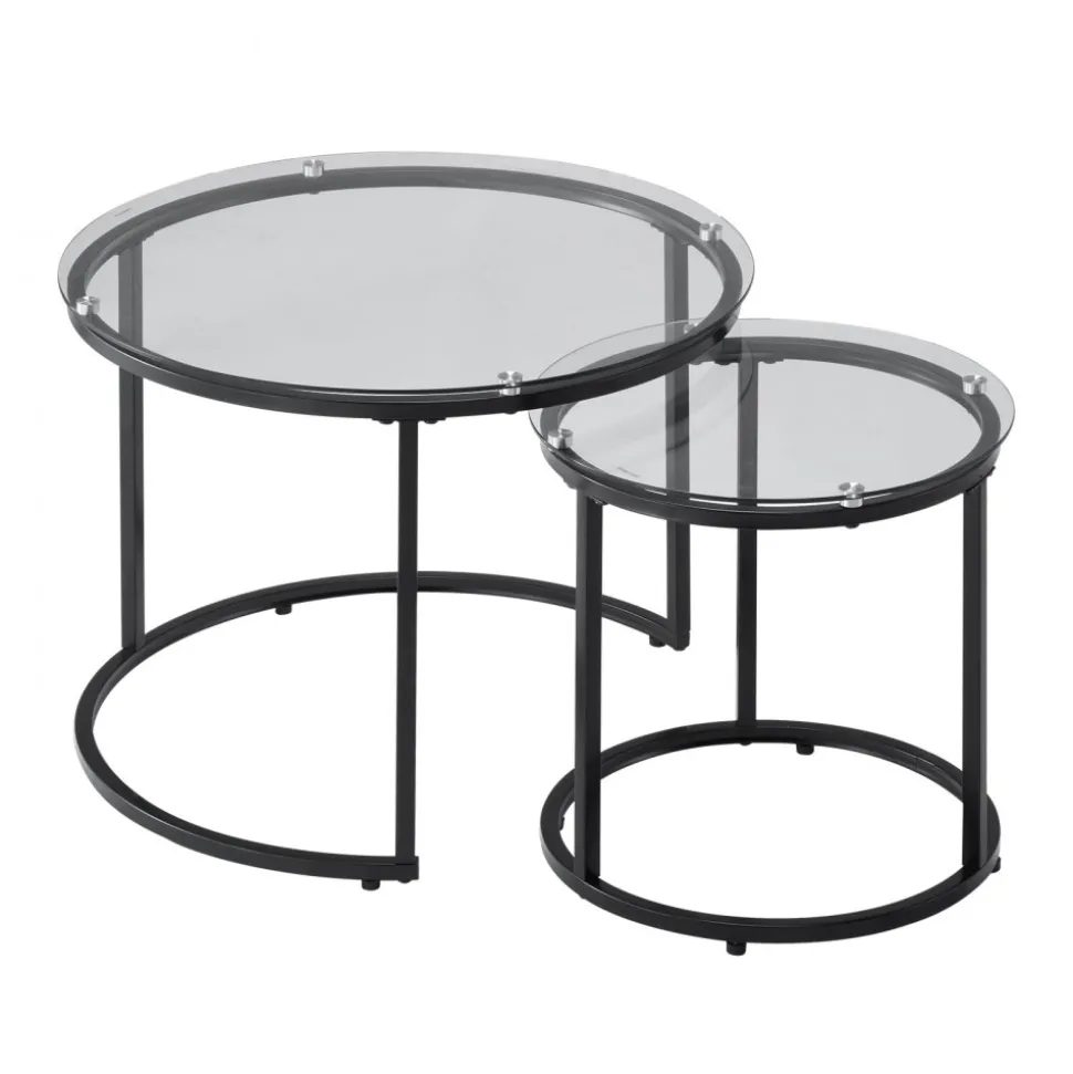 VEVOR Nesting Coffee Table Set of 2, 23.6 in Round Coffee Table, Glass Nesting Tables for Small Place, Modern End Side Tables Night Stand with Metal Frame, for Living Room, Bedroom, Balcony, Office