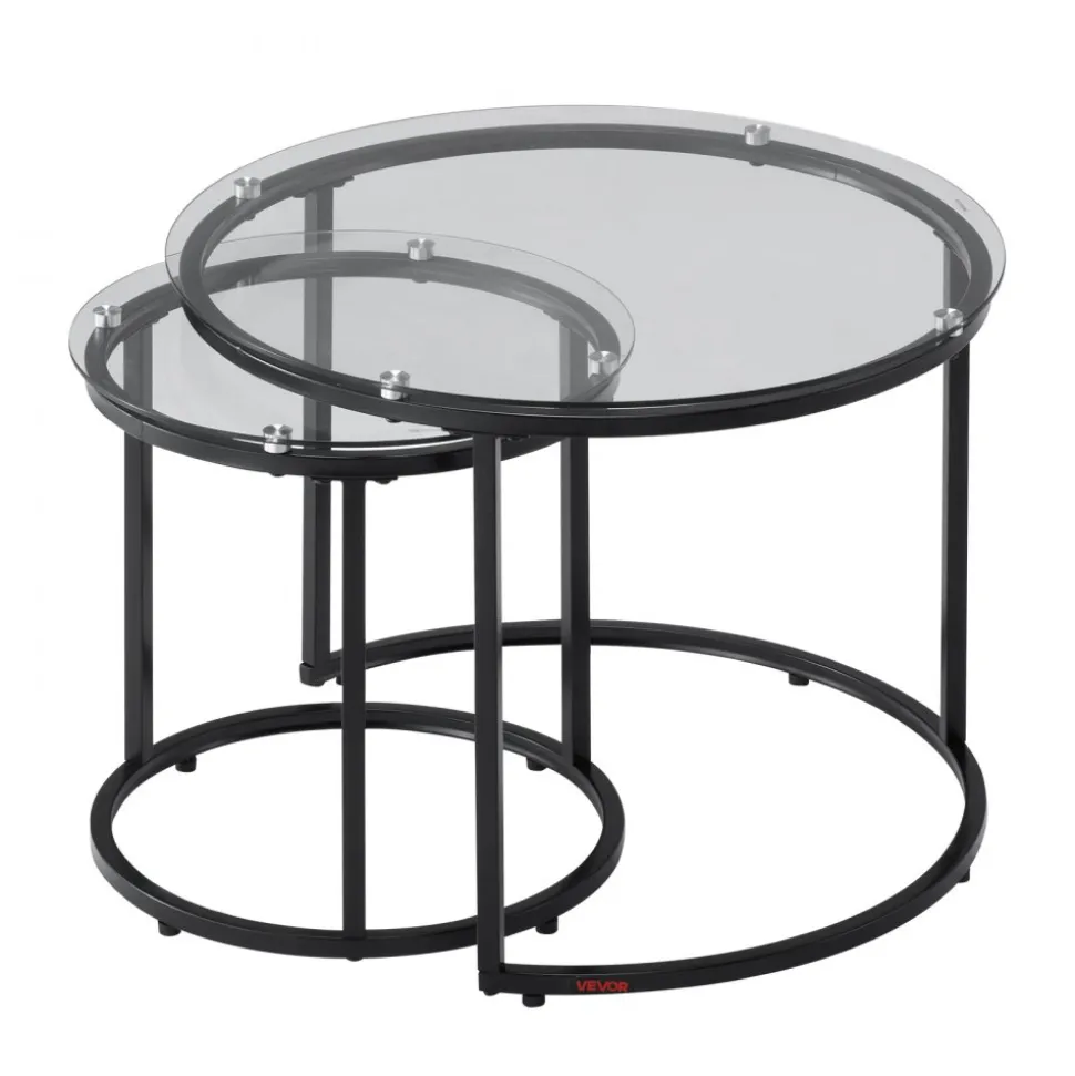 VEVOR Nesting Coffee Table Set of 2, 23.6 in Round Coffee Table, Glass Nesting Tables for Small Place, Modern End Side Tables Night Stand with Metal Frame, for Living Room, Bedroom, Balcony, Office