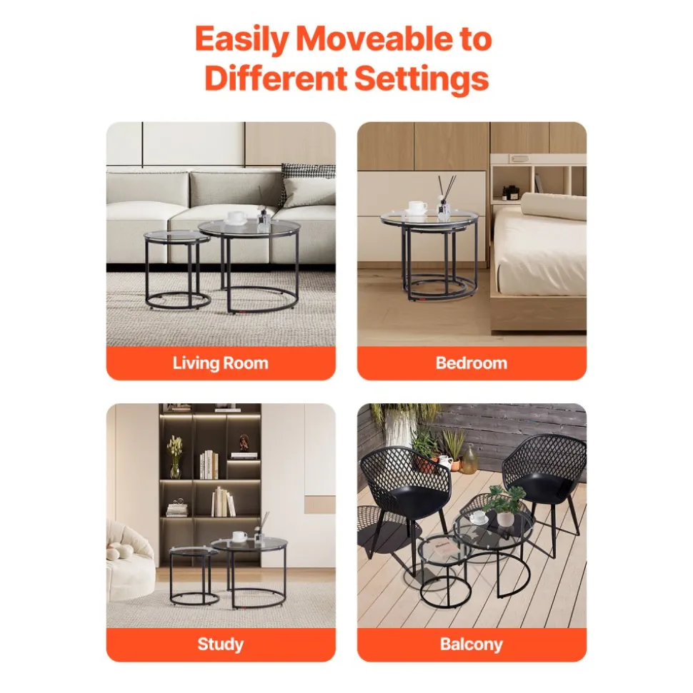VEVOR Nesting Coffee Table Set of 2, 23.6 in Round Coffee Table, Glass Nesting Tables for Small Place, Modern End Side Tables Night Stand with Metal Frame, for Living Room, Bedroom, Balcony, Office