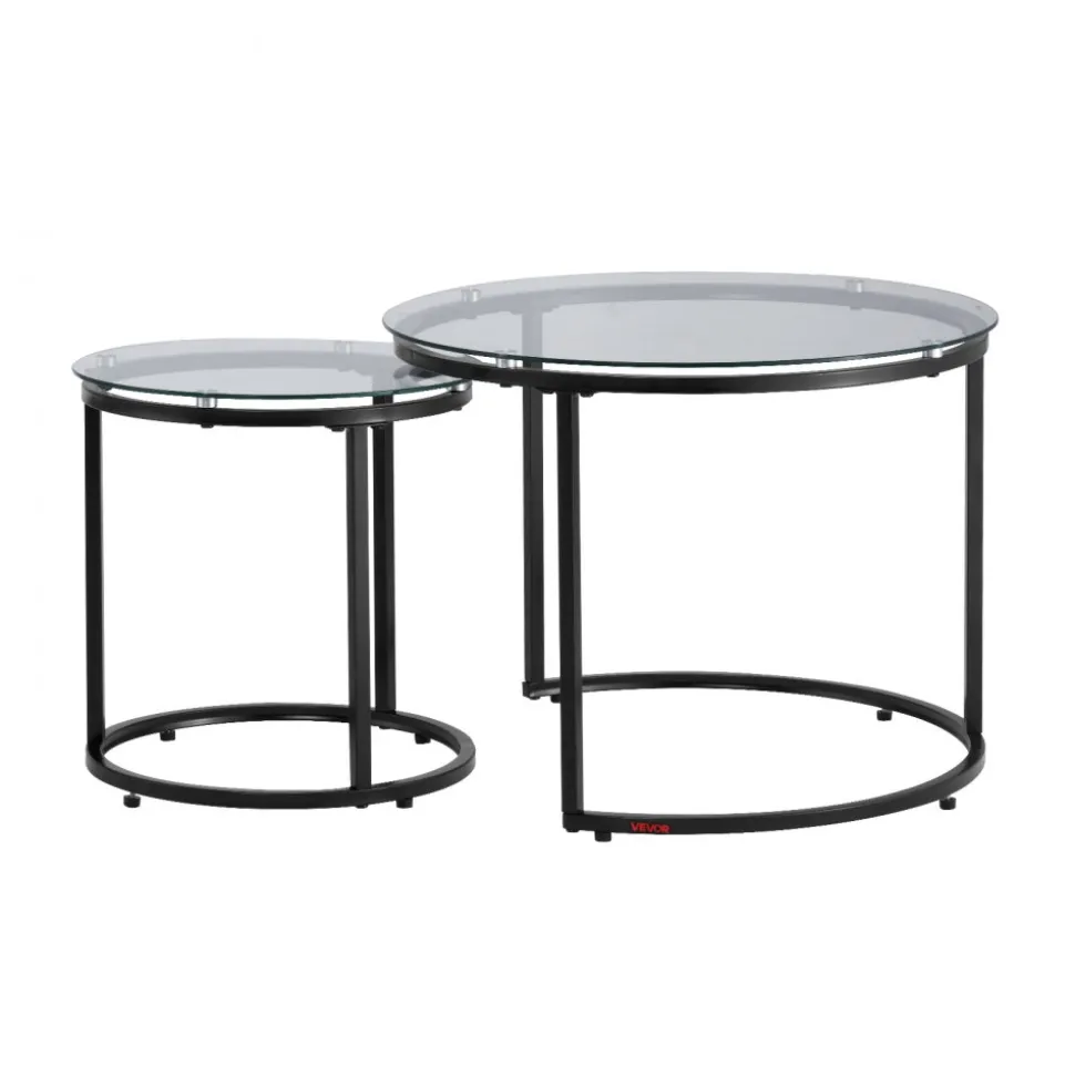 VEVOR Nesting Coffee Table Set of 2, 23.6 in Round Coffee Table, Glass Nesting Tables for Small Place, Modern End Side Tables Night Stand with Metal Frame, for Living Room, Bedroom, Balcony, Office
