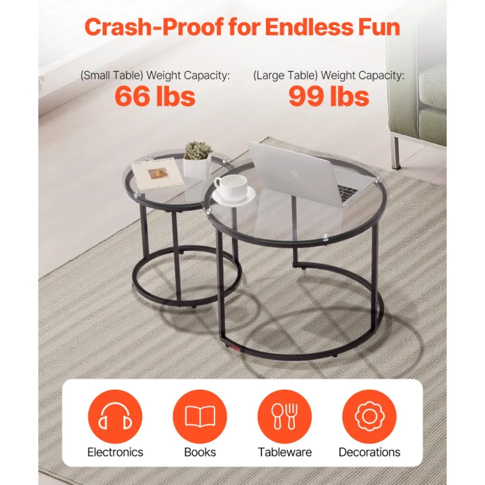 VEVOR Nesting Coffee Table Set of 2, 23.6 in Round Coffee Table, Glass Nesting Tables for Small Place, Modern End Side Tables Night Stand with Metal Frame, for Living Room, Bedroom, Balcony, Office