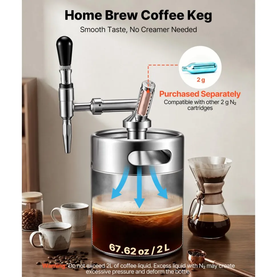 VEVOR Nitro Cold Brew Coffee Maker 135 oz Nitrogen Dispenser System, Home Brew Coffee Keg, Portable Nitrogen Infuser with Dispenser and Pressure Relieving Valve, Gift for Coffee Lovers