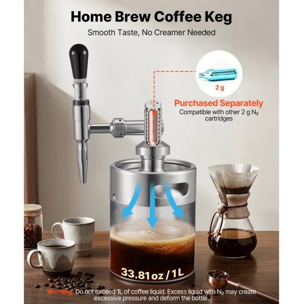 VEVOR Nitro Cold Brew Coffee Maker 68 oz Nitrogen Dispenser System, Home Brew Coffee Keg, Portable Nitrogen Infuser with Dispenser and Pressure Relieving Valve, Gift for Coffee Lovers