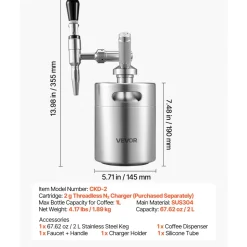 VEVOR Nitro Cold Brew Coffee Maker 68 oz Nitrogen Dispenser System, Home Brew Coffee Keg, Portable Nitrogen Infuser with Dispenser and Pressure Relieving Valve, Gift for Coffee Lovers