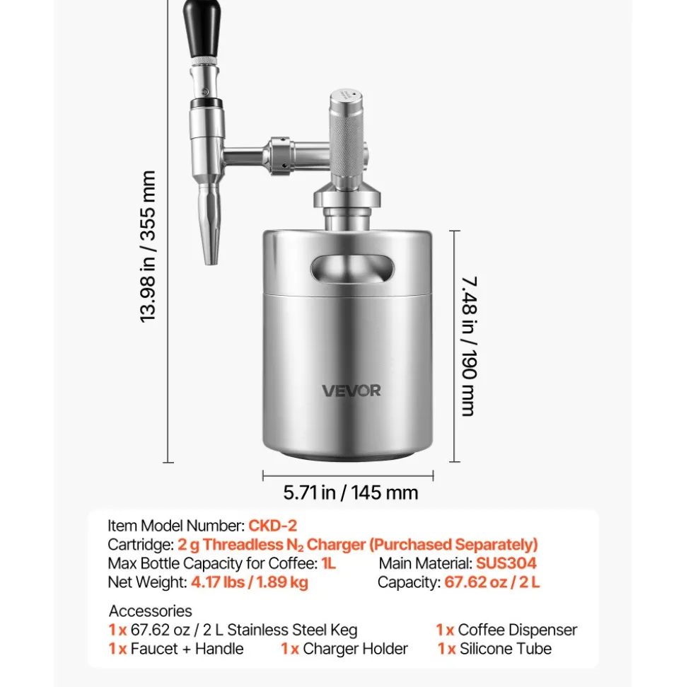 VEVOR Nitro Cold Brew Coffee Maker 68 oz Nitrogen Dispenser System, Home Brew Coffee Keg, Portable Nitrogen Infuser with Dispenser and Pressure Relieving Valve, Gift for Coffee Lovers