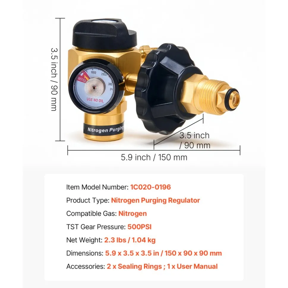 VEVOR Nitrogen Purging Regulator, Nitrogen Purge Control Valve with 500PSI Test Pressure, 4-Position Flow Control (TST/PRG/BRZ/OFF) for Brazing, Pipeline Purging, Leak Checking & Pressure Testing