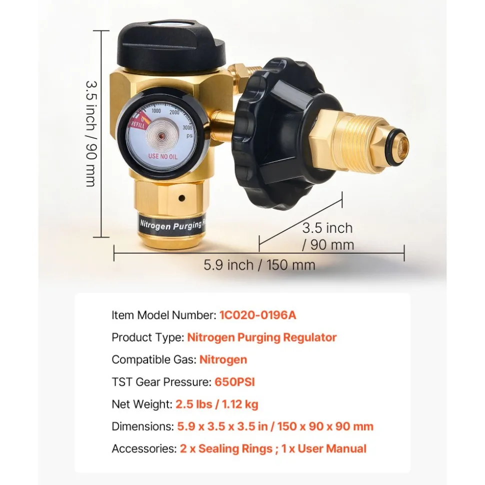 VEVOR Nitrogen Purging Regulator, Nitrogen Purge Control Valve with 650PSI Test Pressure, 4-Position Flow Control (TST/PRG/BRZ/OFF) for Brazing, Pipeline Purging, Leak Checking & Pressure Testing