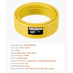 VEVOR NM-B Wire, 6AWG/3C Non-Mettalic Residential Indoor Electrical Wire with Ground, PVC Sheathed High-Purity Copper Core Cable, for Outlets, Switches, Other Loads & Lighting Wiring Projects(50 ft)