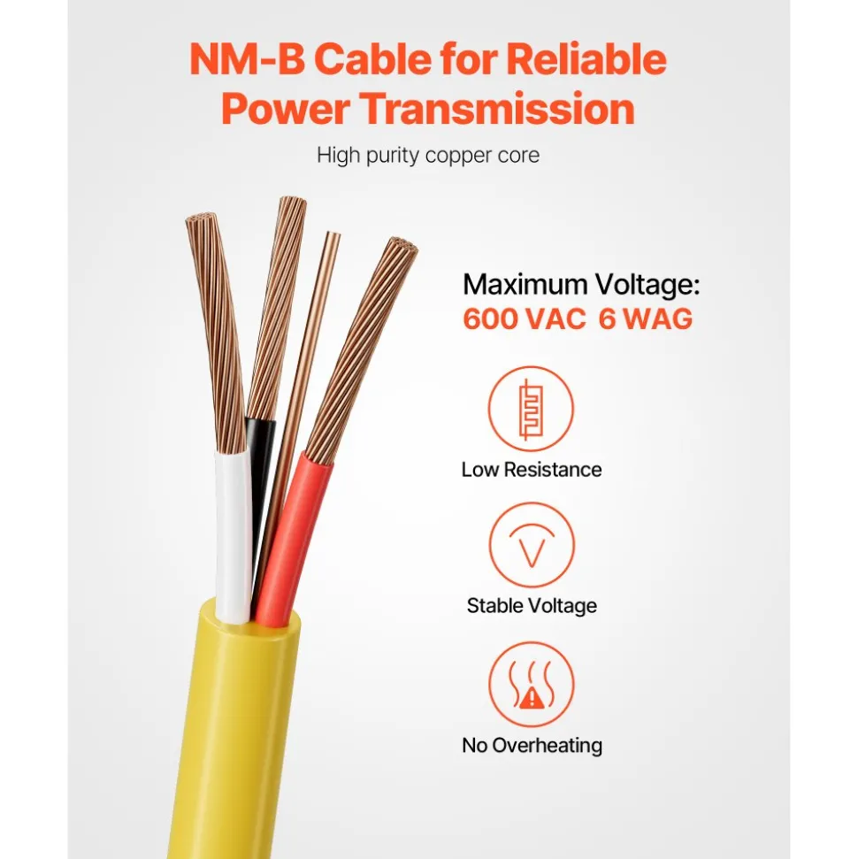 VEVOR NM-B Wire, 6AWG/3C Non-Mettalic Residential Indoor Electrical Wire with Ground, PVC Sheathed High-Purity Copper Core Cable, for Outlets, Switches, Other Loads & Lighting Wiring Projects(50 ft)