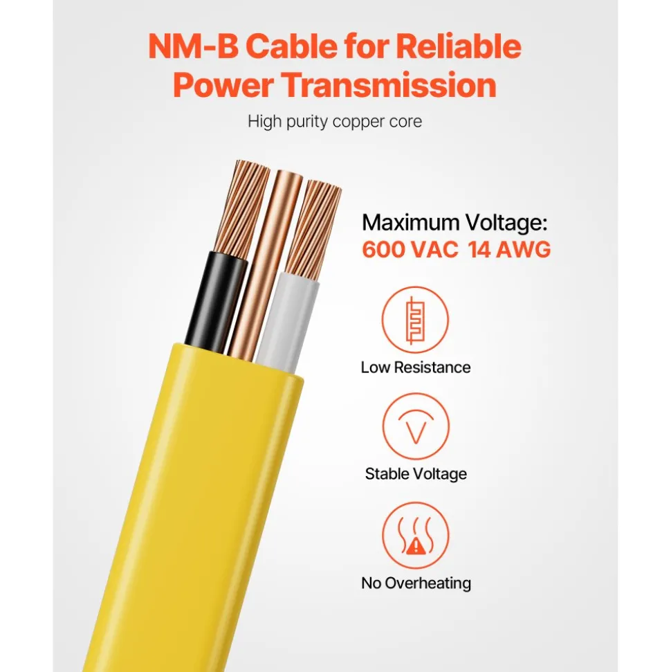 VEVOR NM-B Wire, 14AWG/2C Non-Mettalic Residential Indoor Electrical Wire with Ground, PVC Sheathed High-Purity Copper Core Cable, for Outlets, Switches, Other Loads & Lighting Wiring Projects(50 ft)