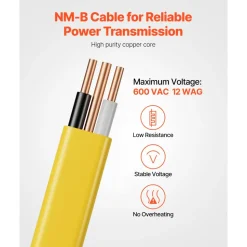 VEVOR NM-B Wire, 12AWG/2C Non-Mettalic Residential Indoor Electrical Wire with Ground, PVC Sheathed High-Purity Copper Core Cable, for Outlets, Switches, Other Loads & Lighting Wiring Project(100 ft)