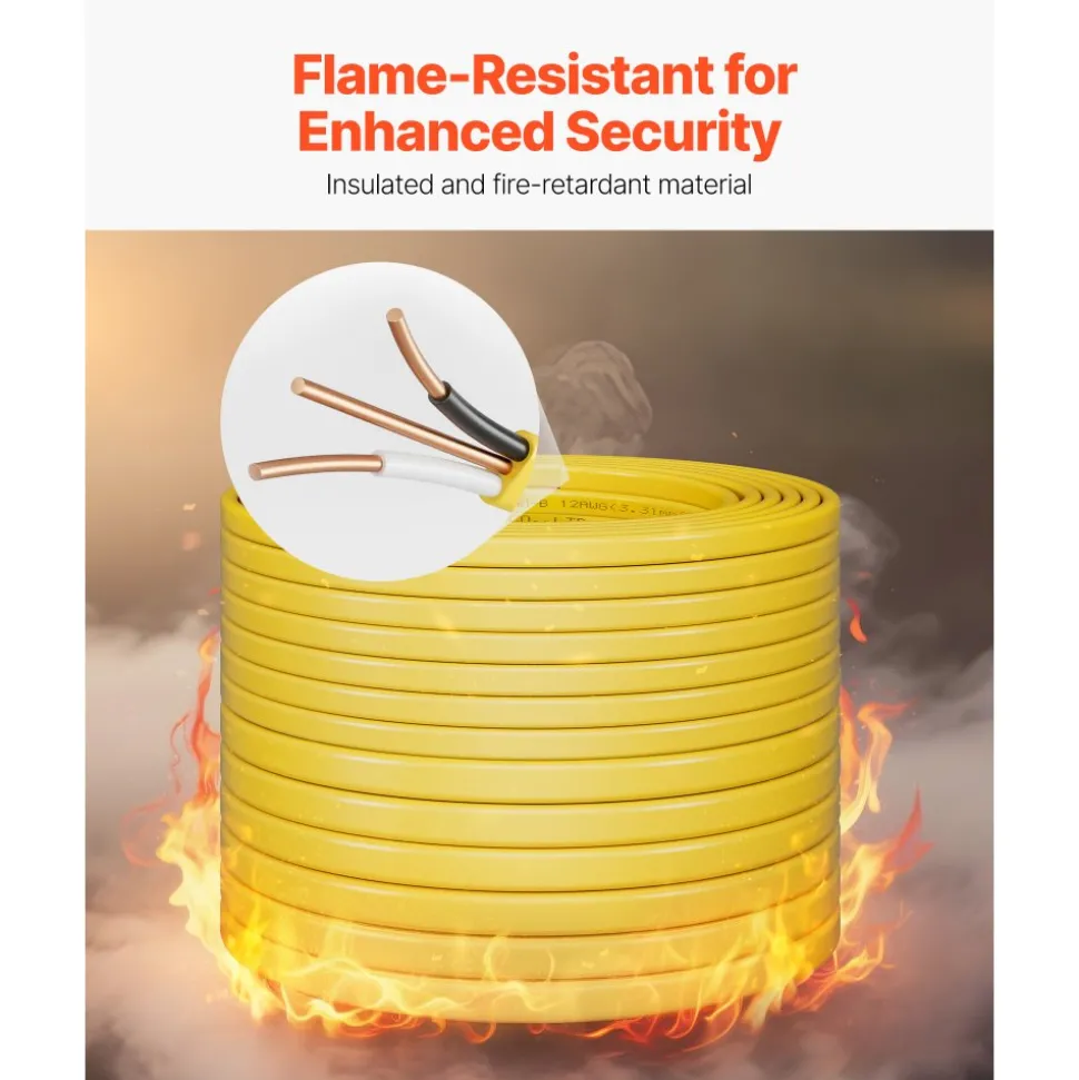 VEVOR NM-B Wire, 12AWG/2C Non-Mettalic Residential Indoor Electrical Wire with Ground, PVC Sheathed High-Purity Copper Core Cable, for Outlets, Switches, Other Loads & Lighting Wiring Project(100 ft)
