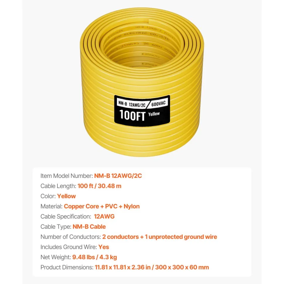 VEVOR NM-B Wire, 12AWG/2C Non-Mettalic Residential Indoor Electrical Wire with Ground, PVC Sheathed High-Purity Copper Core Cable, for Outlets, Switches, Other Loads & Lighting Wiring Project(100 ft)