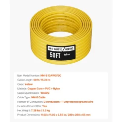 VEVOR NM-B Wire, 10AWG/2C Non-Mettalic Residential Indoor Electrical Wire with Ground, PVC Sheathed High-Purity Copper Core Cable, for Outlets, Switches, Other Loads & Lighting Wiring Projects(50 ft)