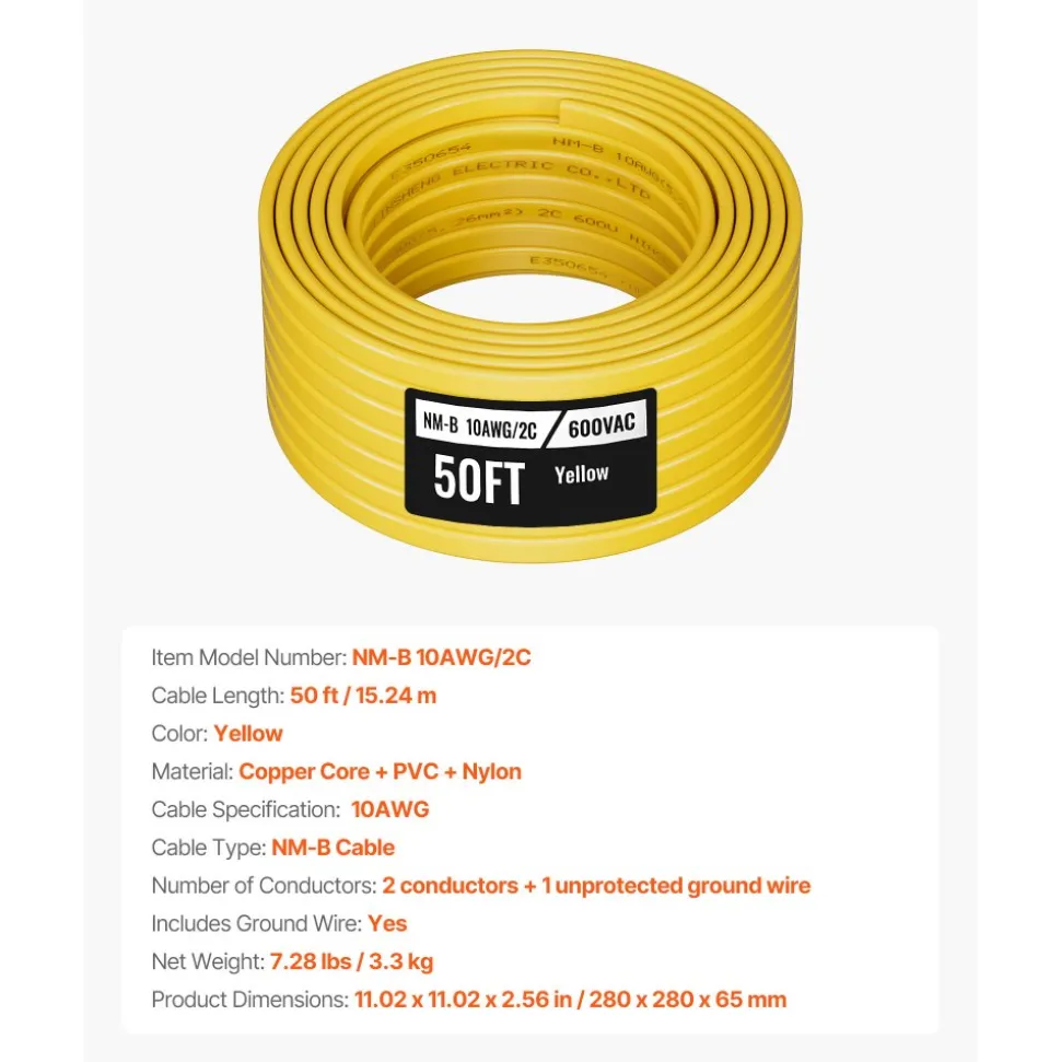 VEVOR NM-B Wire, 10AWG/2C Non-Mettalic Residential Indoor Electrical Wire with Ground, PVC Sheathed High-Purity Copper Core Cable, for Outlets, Switches, Other Loads & Lighting Wiring Projects(50 ft)