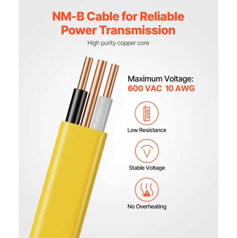 VEVOR NM-B Wire, 10AWG/2C Non-Mettalic Residential Indoor Electrical Wire with Ground, PVC Sheathed High-Purity Copper Core Cable, for Outlets, Switches, Other Loads & Lighting Wiring Projects(50 ft)