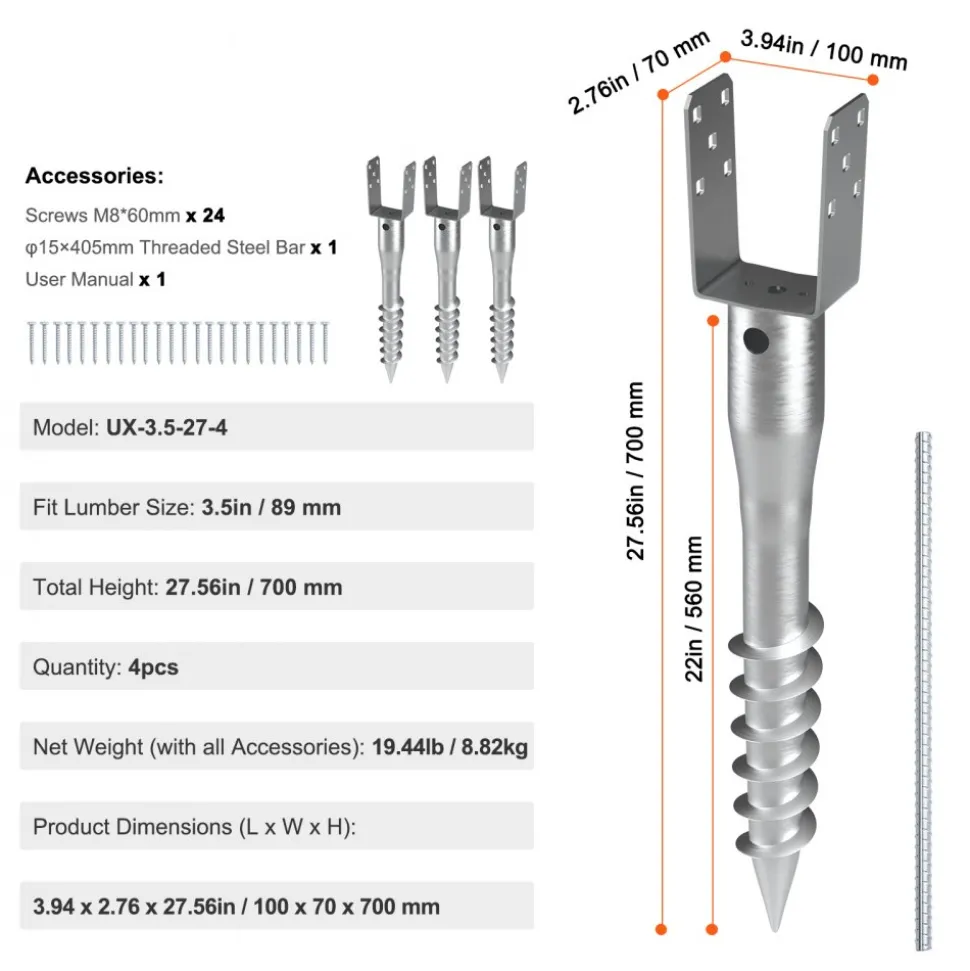 VEVOR No Dig Ground Anchor, 4 Pack 3.94 x 2.76 x 27.56 in DIY Screw in Post Stake, Includes 6 Lag Bolts & a Rebar, U-Shape Heavy Duty Steel Post Holder, Great for Mailbox Posts and Fence Posts