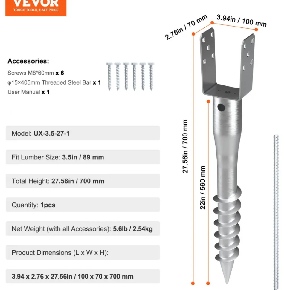 VEVOR No Dig Ground Anchor, 1 Pack 3.94 x 2.76 x 27.56 in DIY Screw in Post Stake, Includes 6 Lag Bolts & a Rebar, U-Shape Heavy Duty Steel Post Holder, Great for Mailbox Posts and Fence Posts
