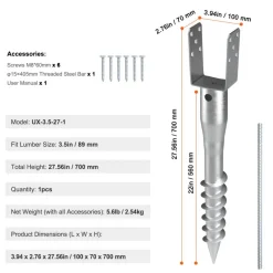 VEVOR No Dig Ground Anchor, 1 Pack 3.94 x 2.76 x 27.56 in DIY Screw in Post Stake, Includes 6 Lag Bolts & a Rebar, U-Shape Heavy Duty Steel Post Holder, Great for Mailbox Posts and Fence Posts