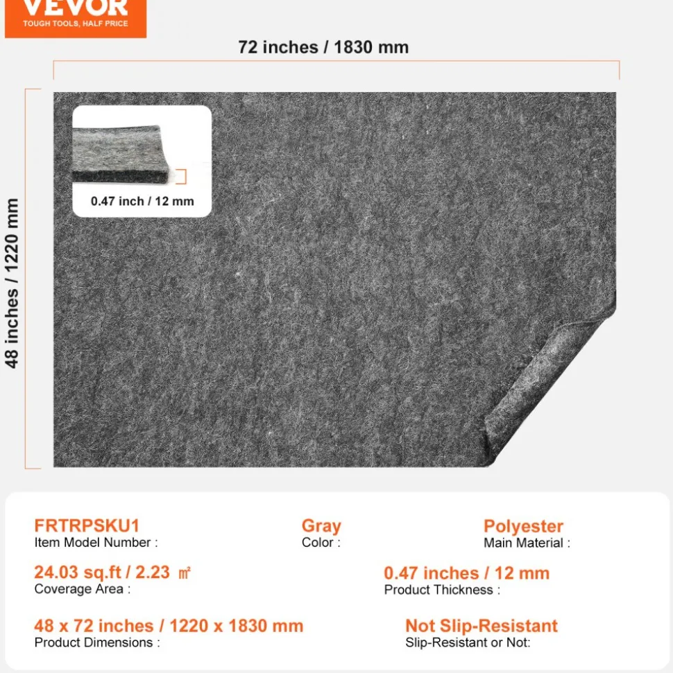 VEVOR Non-Slip Resistant Rug Pad, Protective Cushioning Carpet Pad, 2'x8' (7.875' Actual), 1/4"Thick, Dual Surface, Polyester Felt + Latex, 1-2㎡ Area Carpet Padding Rug Cushion Safe for All Floors