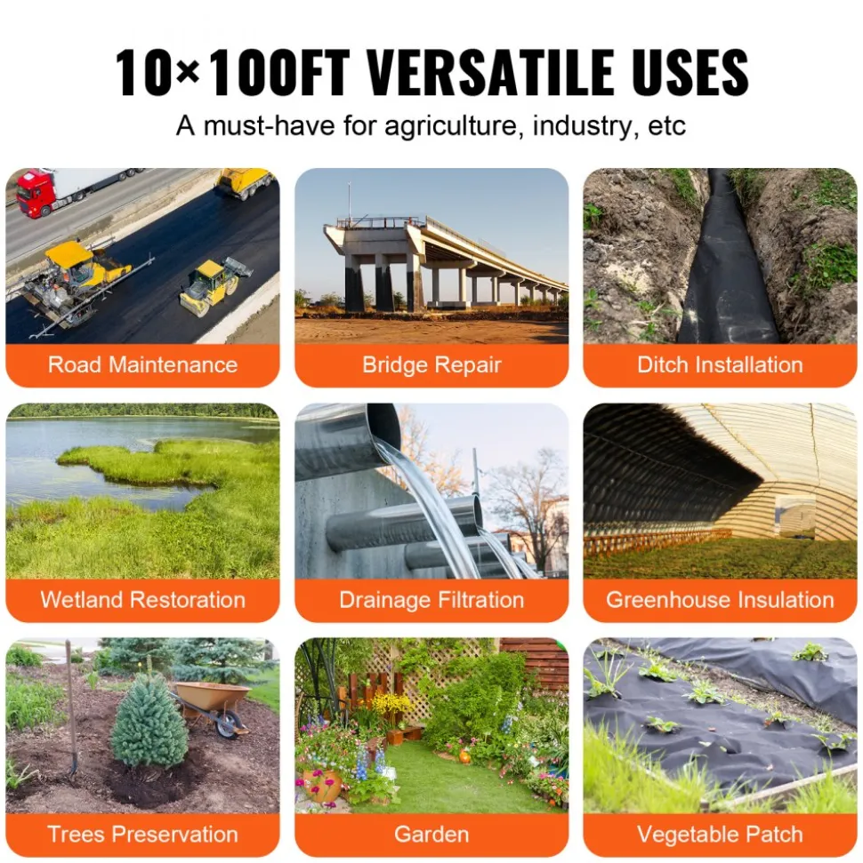 VEVOR Non Woven Geotextile Fabric Under Gravel, 10x100FT 8OZ Driveway Fabric Landscape Fabric, Heavy Duty Weed Barrier Fabric, Ground Cover Weed Control Fabric, French Drains Drainage Fabric, Black