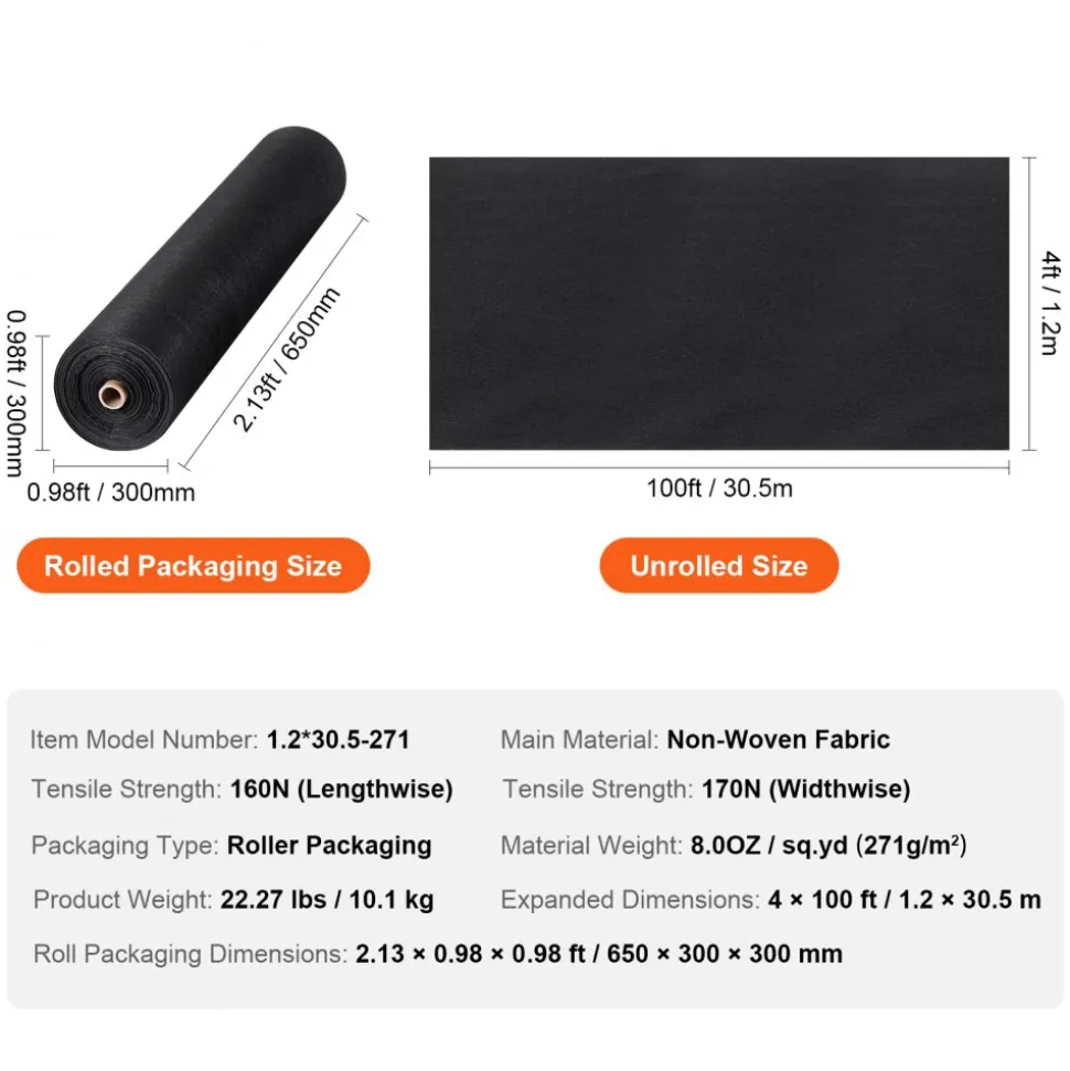 VEVOR Non Woven Geotextile Fabric Under Gravel, 4x100FT 8OZ Driveway Fabric Landscape Fabric, Heavy Duty Weed Barrier Fabric, Ground Cover Weed Control Fabric, French Drains Drainage Fabric, Black