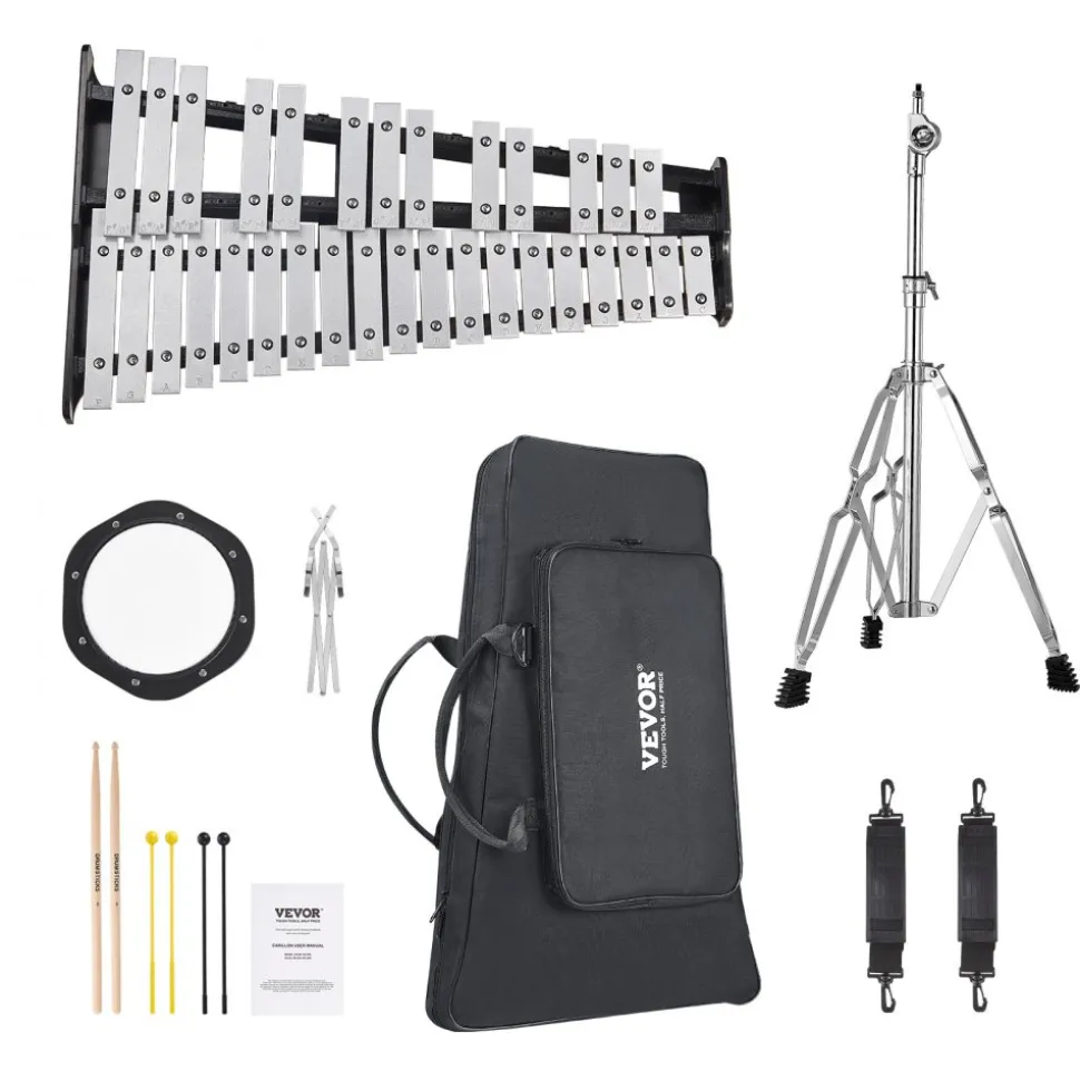 VEVOR 32 Note Glockenspiel Xylophone Bell Kit, Professional Percussion Instrument Set with Mallets, Drum Sticks, Music Stand, 8" Practice Pad, Adjustable Stand and Carrying Bag for Students & Adults