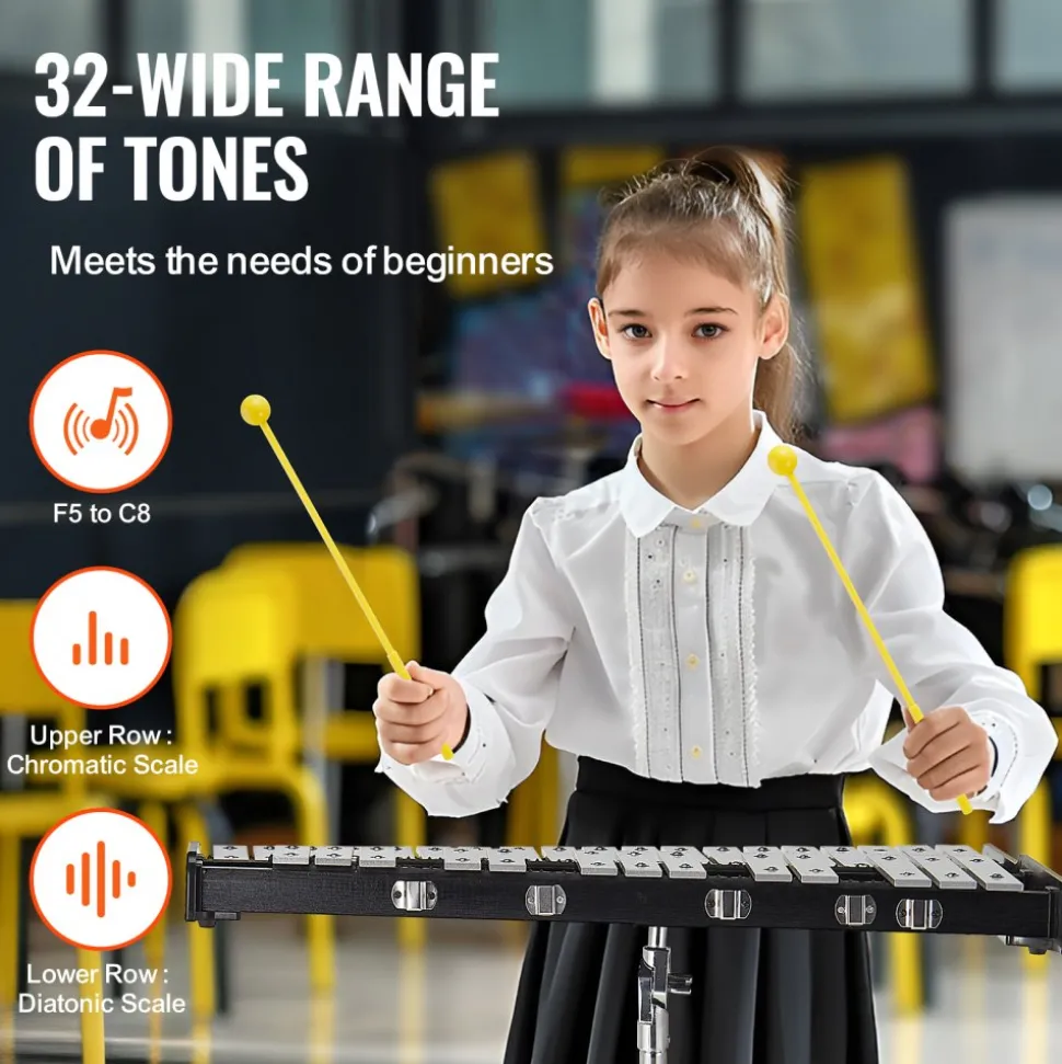 VEVOR 32 Note Glockenspiel Xylophone Bell Kit, Professional Percussion Instrument Set with Mallets, Drum Sticks, Music Stand, 8" Practice Pad, Adjustable Stand and Carrying Bag for Students & Adults