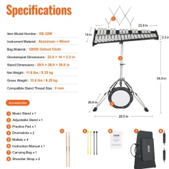 VEVOR 32 Note Glockenspiel Xylophone Bell Kit, Professional Percussion Instrument Set with Mallets, Drum Sticks, Music Stand, 8