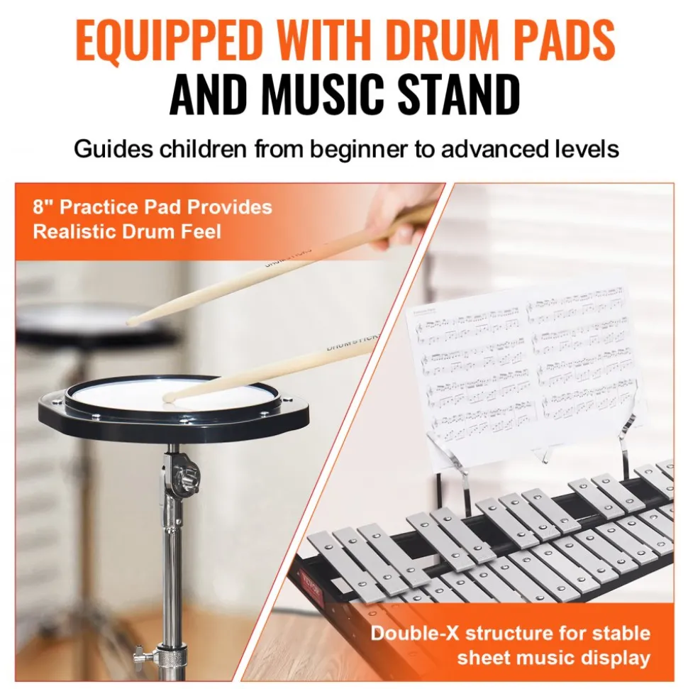 VEVOR 32 Note Glockenspiel Xylophone Bell Kit, Professional Percussion Instrument Set with Mallets, Drum Sticks, Music Stand, 8" Practice Pad, Adjustable Stand and Carrying Bag for Students & Adults