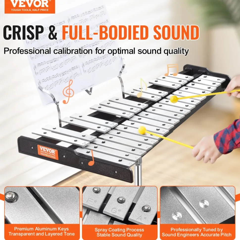 VEVOR 30 Note Glockenspiel Xylophone Bell Kit, Professional Percussion Instrument Set with Mallets, Drum Sticks, Music Stand, 8" Practice Pad, Adjustable Stand and Carrying Bag for Students & Adults