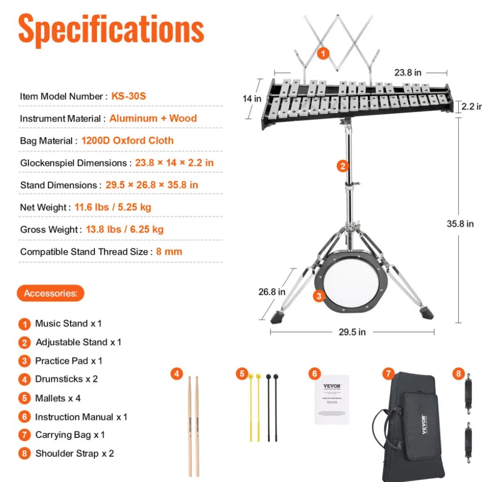 VEVOR 30 Note Glockenspiel Xylophone Bell Kit, Professional Percussion Instrument Set with Mallets, Drum Sticks, Music Stand, 8" Practice Pad, Adjustable Stand and Carrying Bag for Students & Adults