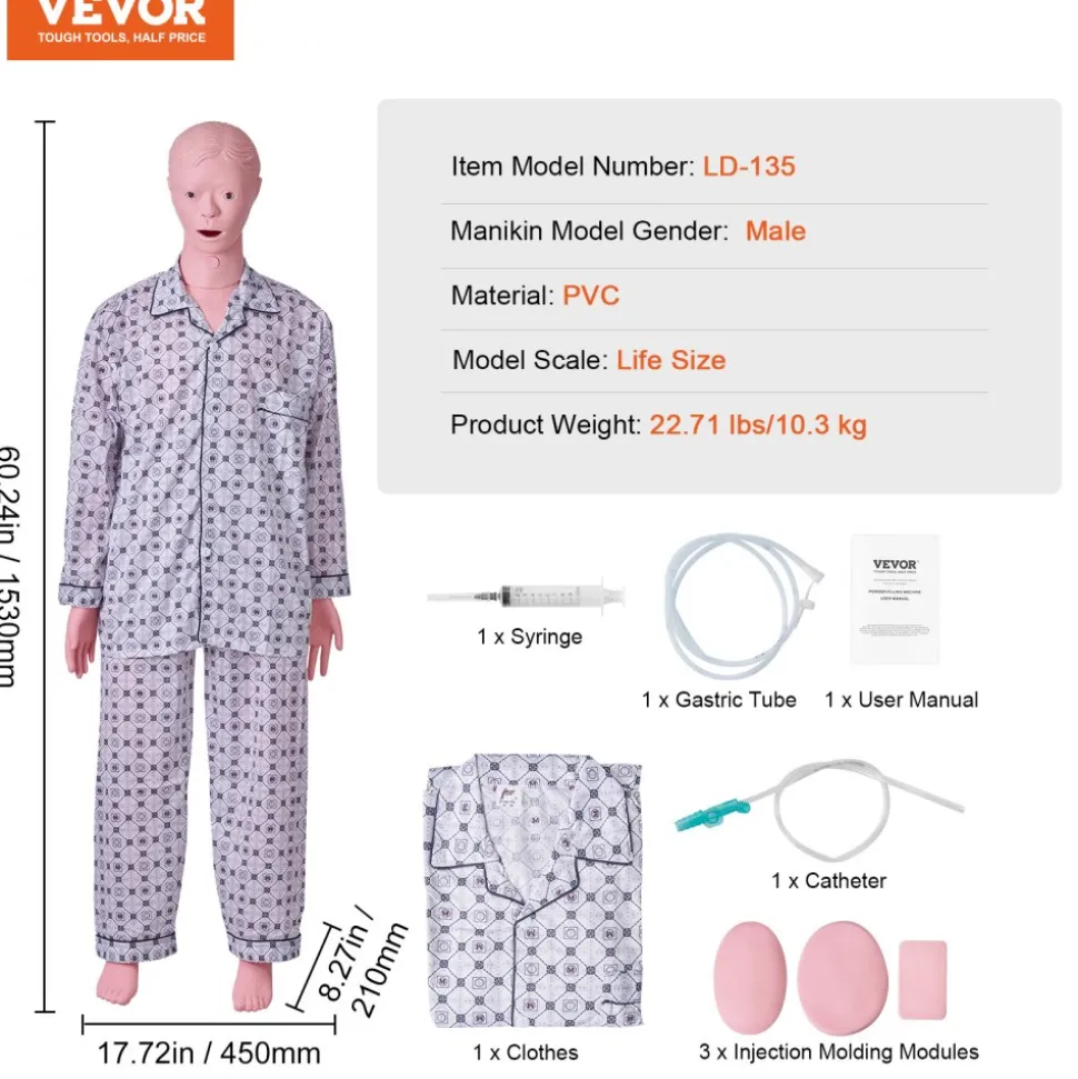 VEVOR Nursing Training Manikin, Male Life Size Demonstration Human Manikin for Nursing Training, Multifunctional Education Teaching Model Supplies, PVC Anatomical Mannequin Body Care Simulator Model
