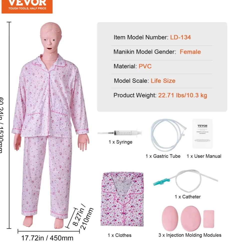 VEVOR Nursing Training Manikin, Female Life Size Demonstration Human Manikin for Nursing Training, Multifunctional Education Teaching Model Supplies, PVC Anatomical Mannequin Body Care Simulator Model