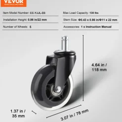 VEVOR Office Chair Wheels, Set of 5, 3 inch Caster Wheels Replacement for Hardwood Floors and Carpet, Heavy Duty Computer Gaming Desk Casters with 130 lbs Load Capacity, Universal Fit for Most Chairs
