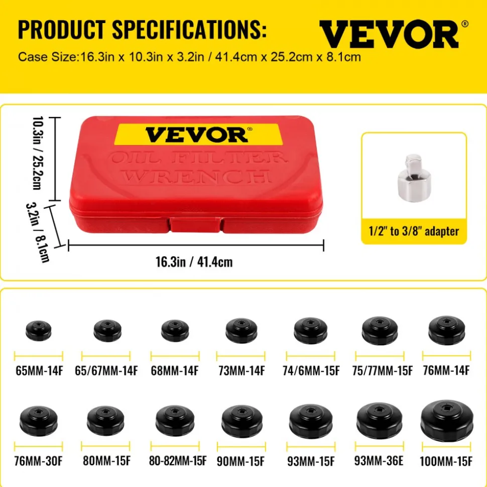 VEVOR Oil Filter Socket Set, 14 Pcs Oil Filter Wrench Set, Sturdy Steel Oil Filter Socket, 3/8" Oil Filter Socket, Low Profile Oil Filter Socket Set For Easy Access, Oil Filter Wrench Cap Set with Ca
