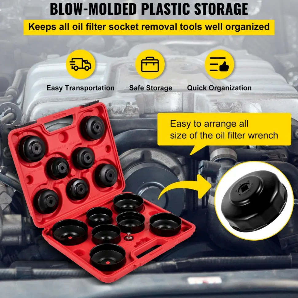 VEVOR Oil Filter Socket Set, 14 Pcs Oil Filter Wrench Set, Sturdy Steel Oil Filter Socket, 3/8" Oil Filter Socket, Low Profile Oil Filter Socket Set For Easy Access, Oil Filter Wrench Cap Set with Ca