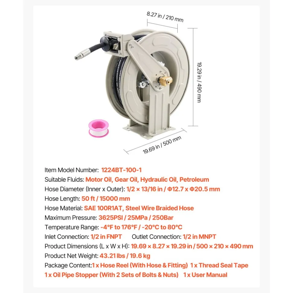 VEVOR Oil Hose Reel, 1/2 inch x 50 ft Retractable, Spring Driven Auto Swivel Rewind, Max 3625 PSI, Heavy-Duty Carbon Steel Construction with Steel Wire Braided Hose, for Engine / Gear / Hydraulic Oil