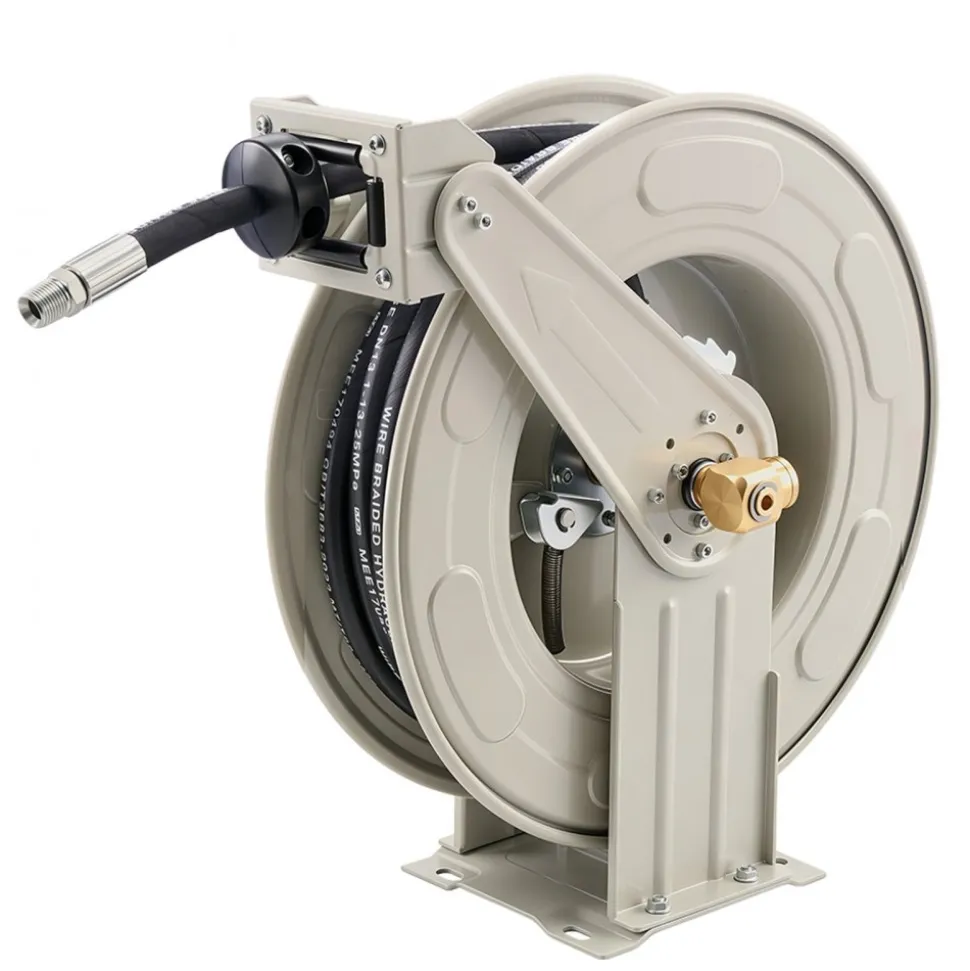 VEVOR Oil Hose Reel, 1/2 inch x 50 ft Retractable, Spring Driven Auto Swivel Rewind, Max 3625 PSI, Heavy-Duty Carbon Steel Construction with Steel Wire Braided Hose, for Engine / Gear / Hydraulic Oil