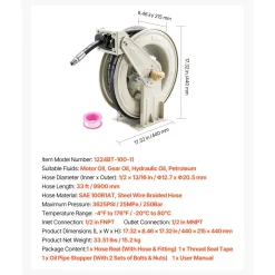 VEVOR Oil Hose Reel, 1/2 inch x 33 ft Retractable, Spring Driven Auto Swivel Rewind, Max 3625 PSI, Heavy-Duty Carbon Steel Construction with Steel Wire Braided Hose, for Engine / Gear / Hydraulic Oil