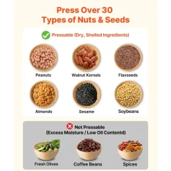 VEVOR Oil Press Machine, 11 LBS/H Capacity, 1250W Oil Extractor Machine, Automatic Electric Oil Maker for Home Commercial Use, 122℉–572℉ Hot & Cold Pressing for Peanuts Sesames Soybeans Almonds