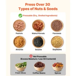 VEVOR Oil Press Machine, 11 LBS/H Capacity, 1250W Oil Extractor Machine, Automatic Electric Oil Maker for Home Commercial Use, 122℉–572℉ Hot & Cold Pressing for Peanuts Sesames Soybeans Almonds