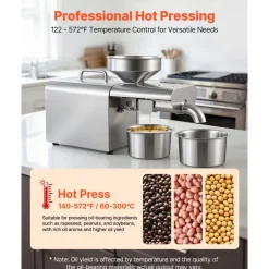 VEVOR Oil Press Machine, 8.27 LBS/H Capacity, 750W Oil Extractor Machine, Automatic Electric Oil Maker for Home Commercial Use, 122℉–572℉ Hot Pressing for Peanuts Sesames Soybeans Almonds